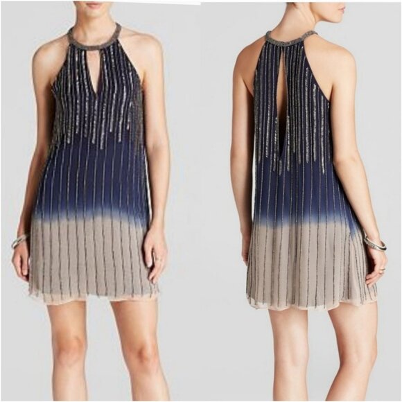 Womens Parker Blue Taupe Ombre Beaded Pure Silk Sleeveless Halter Mini Dress XS - Picture 1 of 16